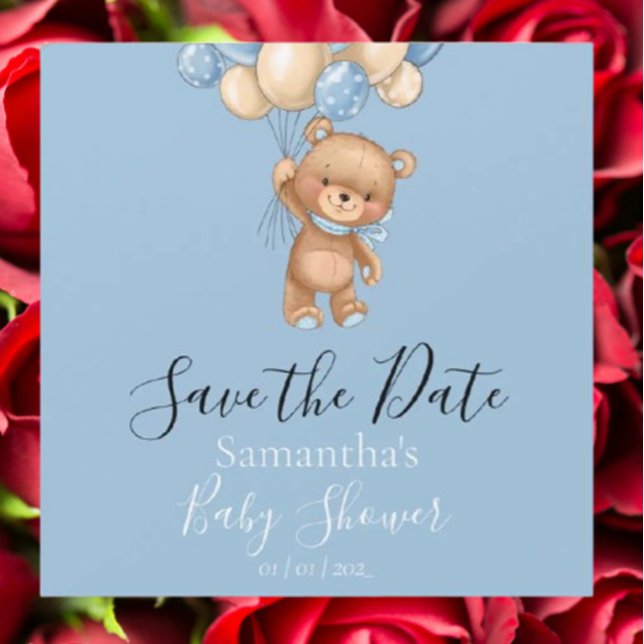 Chá de fraldas Azul do Balão do Urso de Teddy Salv (Announce your special day with this adorable Teddy Bear Balloon Blue Baby Shower Save the Date. )