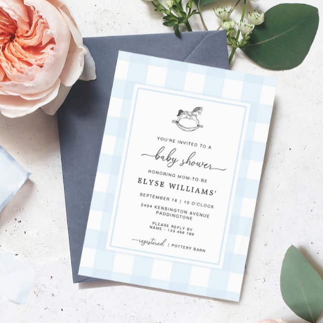 Chá de fraldas Azul Gingham, Cavalo Rocco, Convite (Baby Shower Invitation Blue Gingham Rocking Horse)