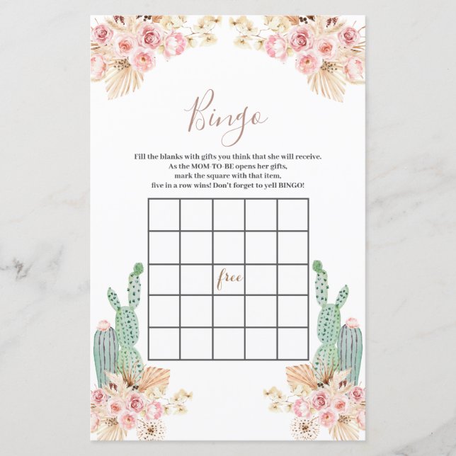 Chá de fraldas Bingo Boho Cactus Flores Rosa (Frente)