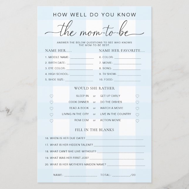 Chá de fraldas Blue Gingham Conhece o jogo da mamã (Frente)