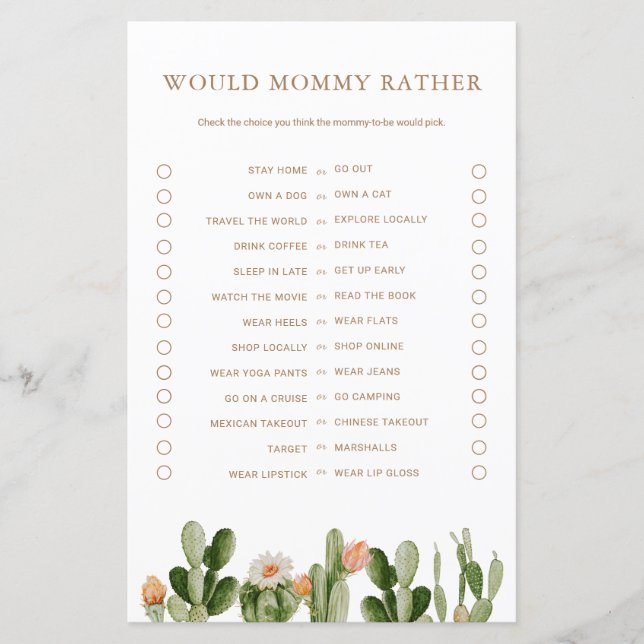 Chá de fraldas Boho Cactus Mamãe Jogo Preferencial (Frente)