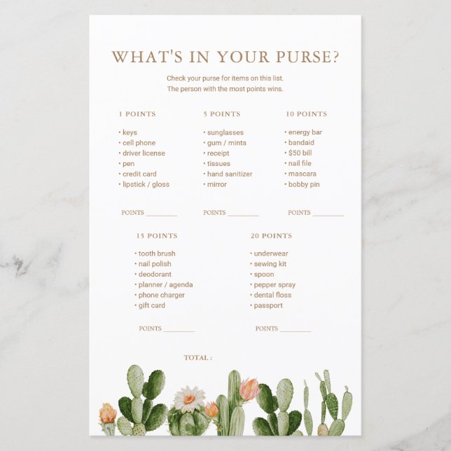 Chá de fraldas Boho Cactus O que há na sua bolsa (Frente)