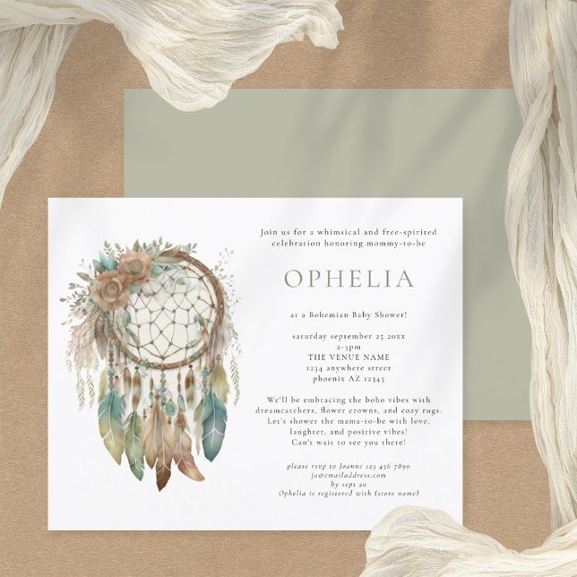 Chá de fraldas Boho Dreamcatcher Sage Bohemian (Front and back)
