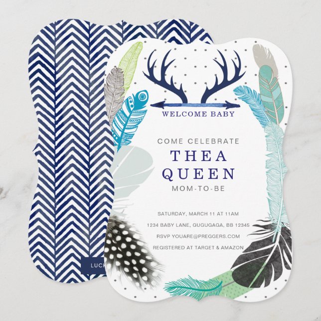 Chá de fraldas Boho Feather Convite (Frente/Verso)