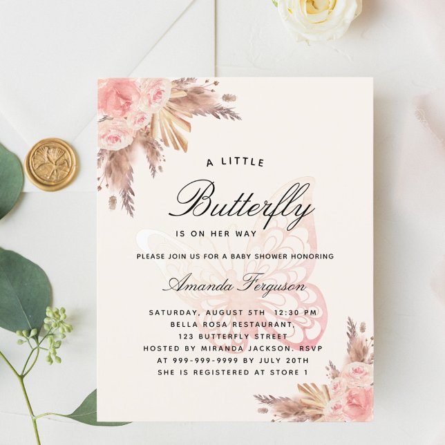 Chá de fraldas borboleta rosa beige pampas convite (Criador carregado)