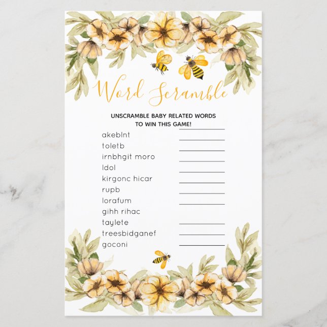 Chá de fraldas Botânico do Jogo do Word Scramble (Frente)