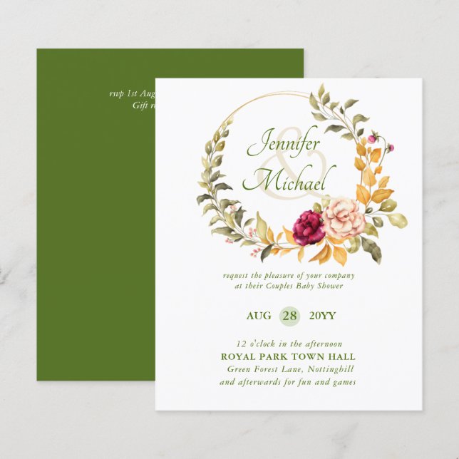 CHÁ DE FRALDAS BUDGET Burgundy Floral Wreath Invit (Frente/Verso)