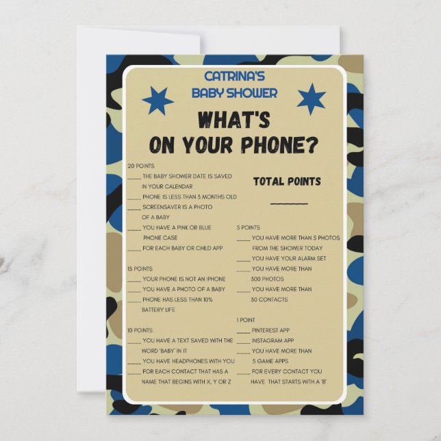 Chá de fraldas Camo Azul - Nome Editável, Convite  (Frente)