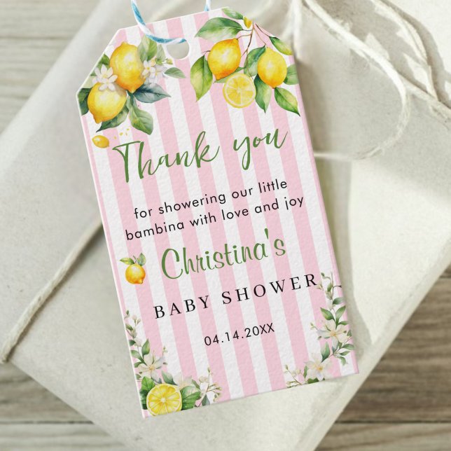 Chá de fraldas Ciao Bambina Obrigado Etiqueta do p (Ciao Bambina Pink Citrus lemons Baby shower Thank you Gift tag)
