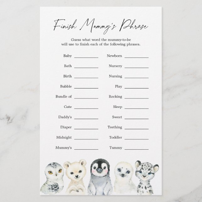 Chá de fraldas de animais árcticos termina a frase (Frente)