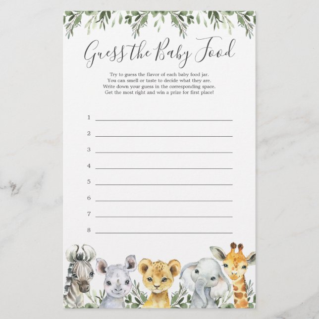 Chá de fraldas De Animais Safari Adivinha A Comida (Frente)