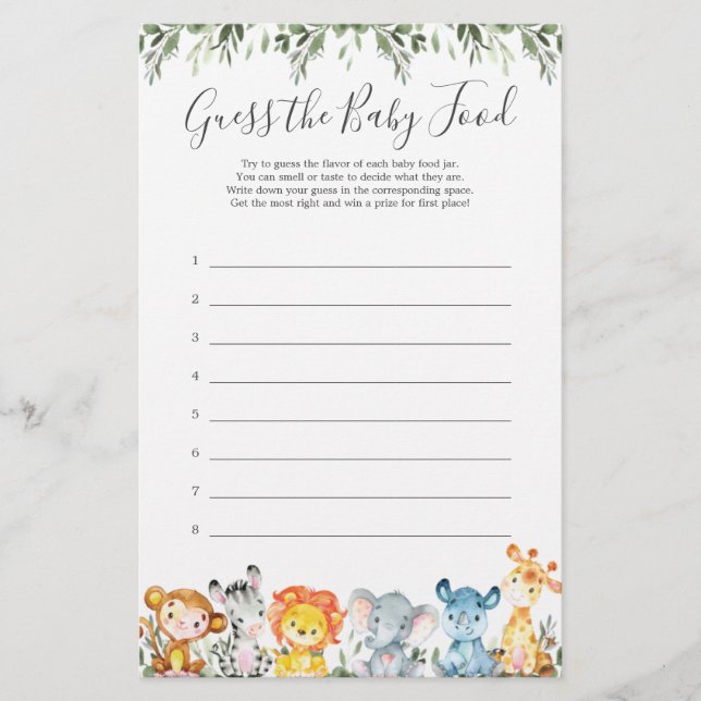 Chá de fraldas De Animais Safari Adivinha A Comida (Frente)
