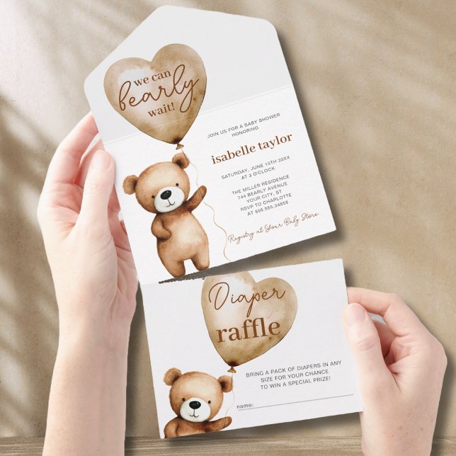 Chá de fraldas De Balões De Urso Todos Em Um Convi (Bear Balloons Baby Shower All In One Invitation)