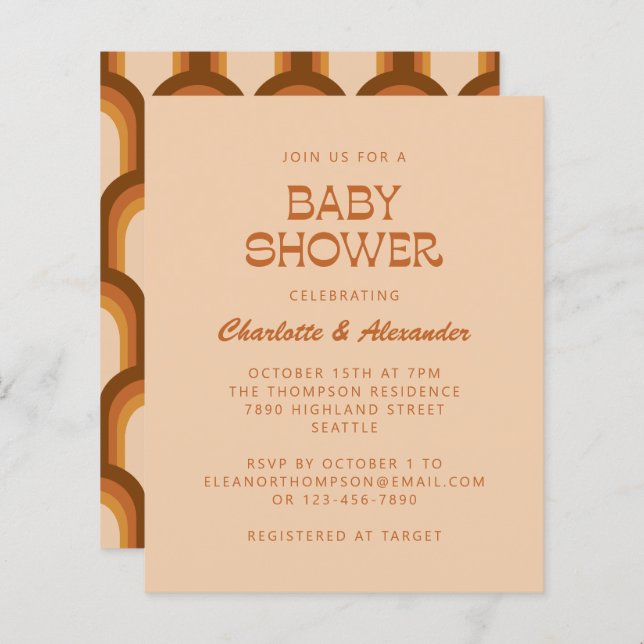 Chá de fraldas de Casais Retro Marrom do Groovy 70 (Frente/Verso)