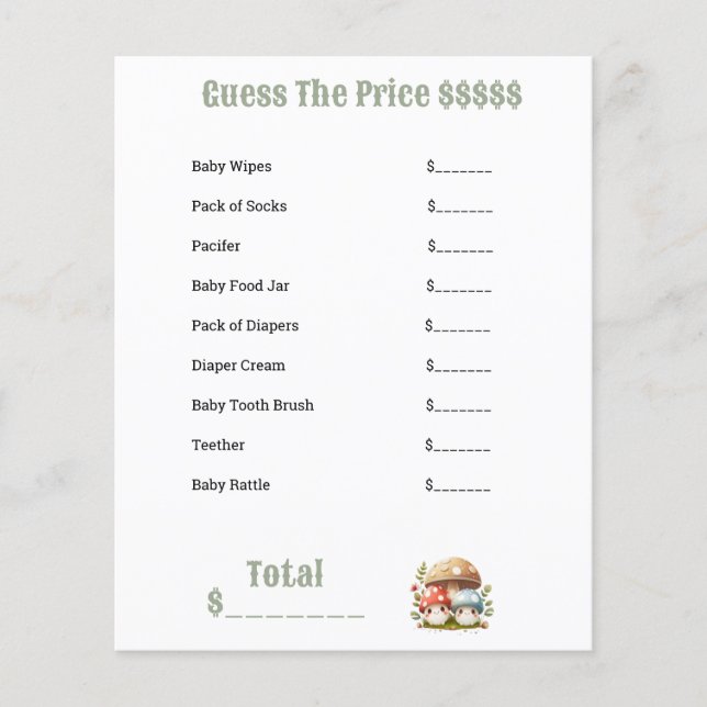 Chá de fraldas de cogumelo Itens do bebê adivinham (Frente)