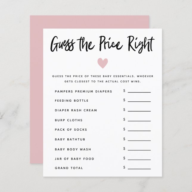 Chá de fraldas De Coração Rosa Adivinha O Preço Ce (Frente/Verso)