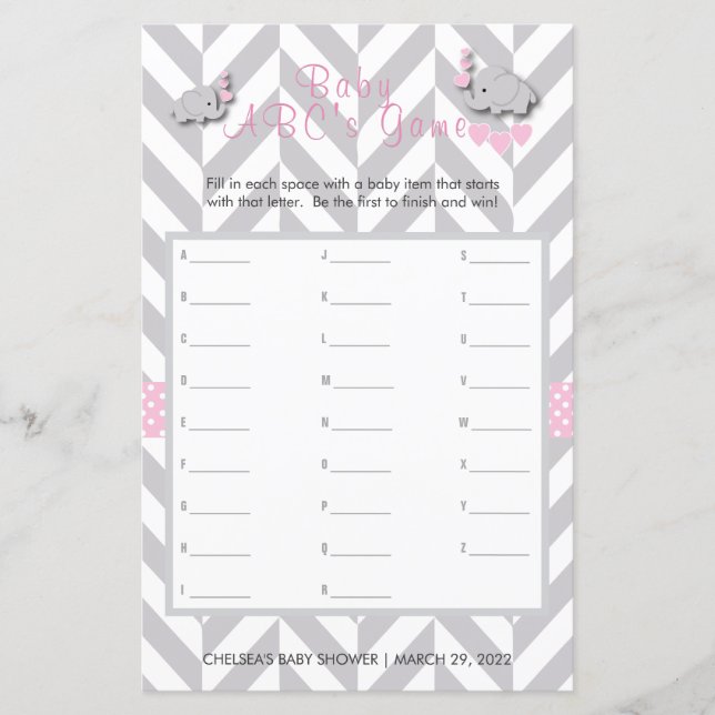 Chá de fraldas de Elefante Rosa e Cinza - Jogo da  (Frente)