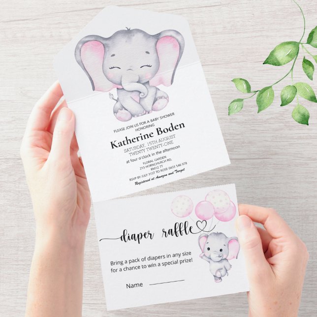 Chá de fraldas De Elefante Rosa, Tudo Em Um Convit (Criador carregado)