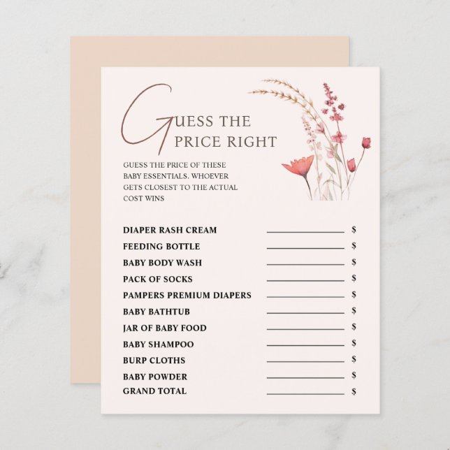 Chá de fraldas De Flor Selvagem Adivinha O Jogo Do (Frente/Verso)