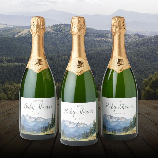 Chá de fraldas de flor selvagem das Montanhas Wate (Watercolor Mountain Wildflower Baby Shower Sparkling Wine Label)