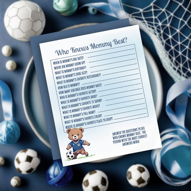 Chá de fraldas De Futebol Que Conhece O Melhor Jog (Cute Blue Teddy Bear Soccer Player Boy Baby Shower "Who Knows Mommy Best?" Game Card)