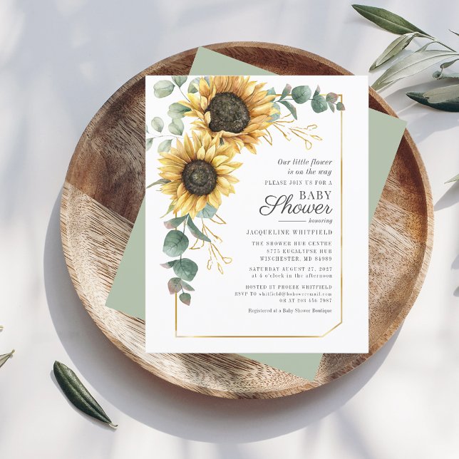 Chá de fraldas de girassol Eucalyptus Greenery Con (Sunflower Eucalyptus Floral Baby Shower Invitation)