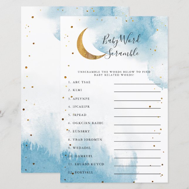 Chá de fraldas de Lua Azul Jogo de Palavra (Frente/Verso)