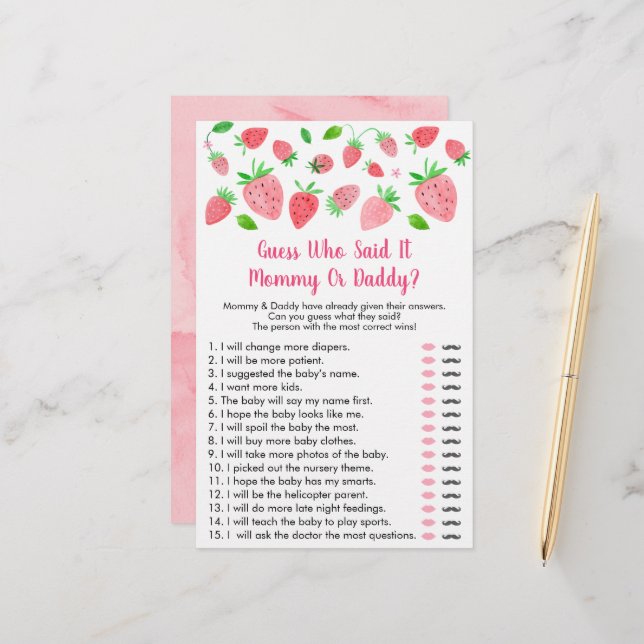 Chá de fraldas De Morango Adivinha Quem Disse Jogo (Frente/Verso In Situ)