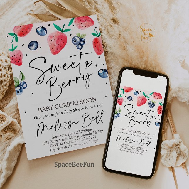 Chá de fraldas de Morango Convite BlueBerry (berry baby shower,invitation blueberry,strawberry baby shower invites,girl baby shower invite,fruit )