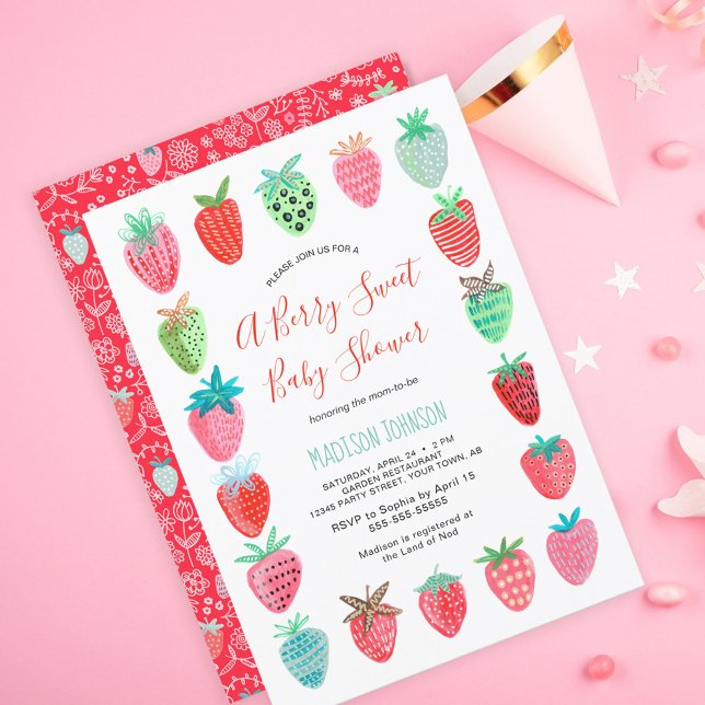 Chá de fraldas de Morango Vermelho Cugado (Cute Red Strawberry baby shower budget invitation)
