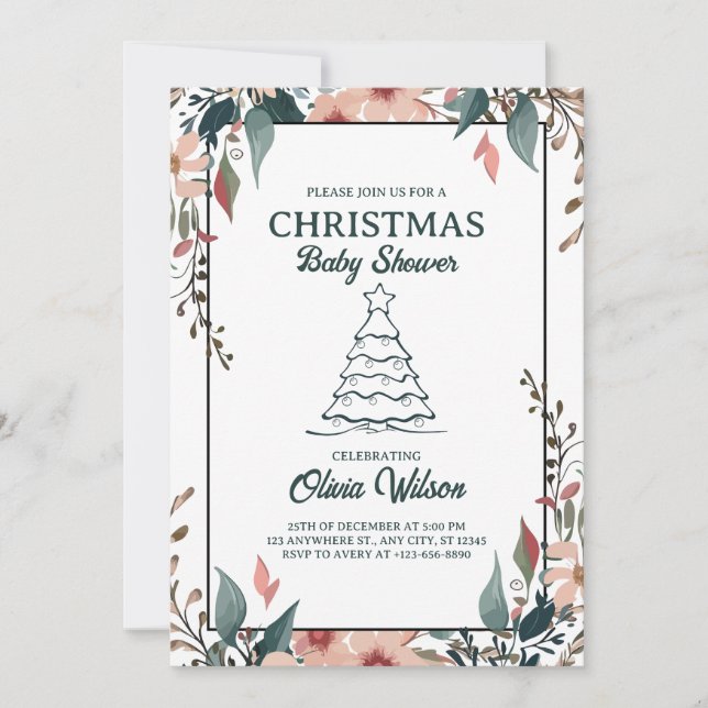 Chá de fraldas de Natal Convite Floral Branco Rosa (Frente)