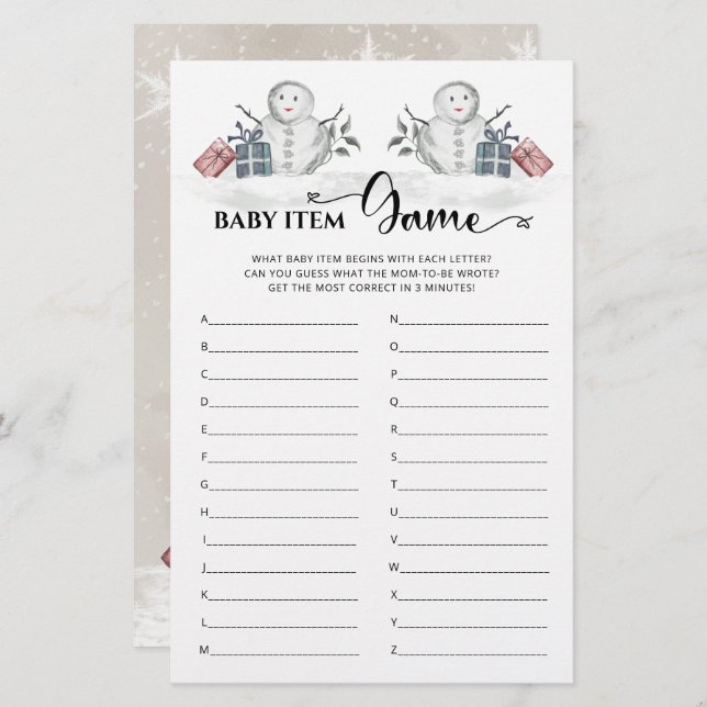 Chá de fraldas de Neve para Jogo de Item Bebê (Frente/Verso)