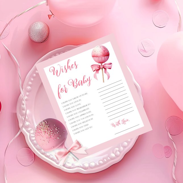 Chá de fraldas de Pop de Bolo Rosa quer bebê (Pink Cake Pop Girl Baby Shower Wishes for Baby Card -- Pink Candy Frame Collection)