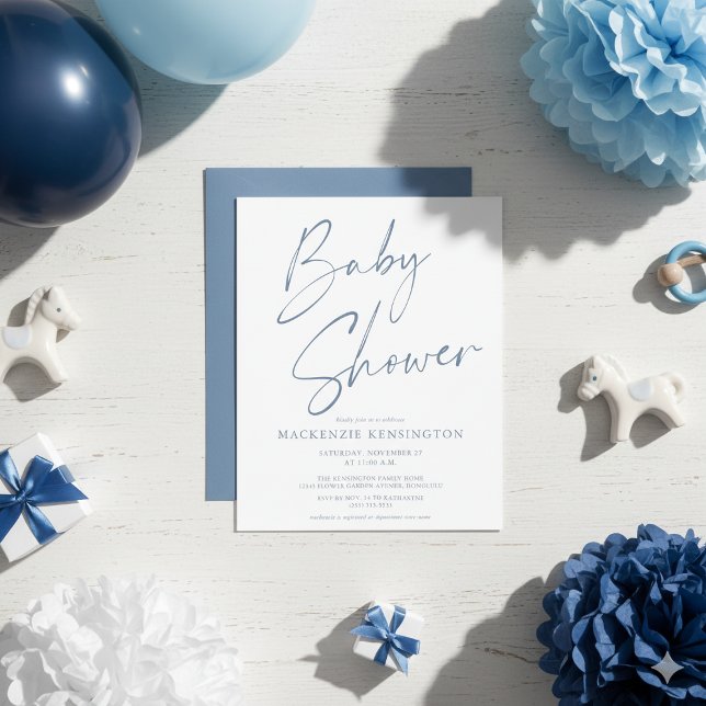 Chá de fraldas de Script Manuscrito Azul com Empoe (Budget Dusty Blue Handwritten Script Baby Shower Invitations)