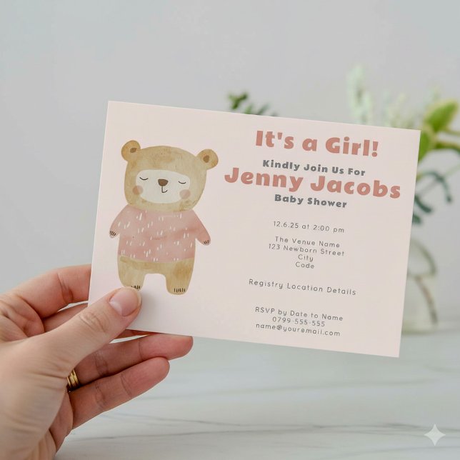 Chá de fraldas de Urso Rosa "é uma menina" convite (Sleepy pink teddy bear its a girl party invitation card.)