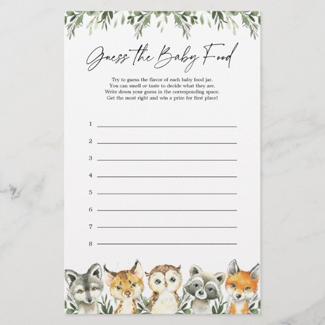 Chá de fraldas De Woodland Adivinha O Jogo Da Comi (Frente)