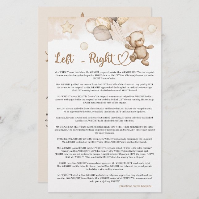 Chá de fraldas do Bebê Direito Esquerdo (Frente/Verso)