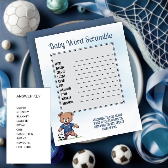 Chá de fraldas do jogador de futebol do Boy Bear S (Cute Blue Teddy Bear Soccer Player Boy Baby Shower "Baby Word Scramble" Game Card)