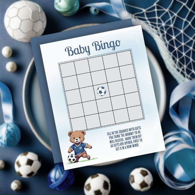 Chá de fraldas do jogador de futebol do Boy Bpreco (Cute Blue Teddy Bear Soccer Player Boy Baby Shower "Baby Bingo" Game Card)