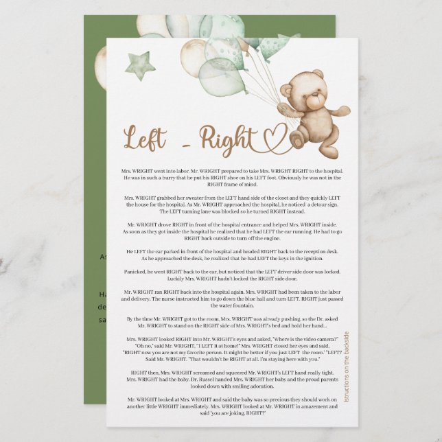 Chá de fraldas do Urso de Esquerda Direita (Frente/Verso)