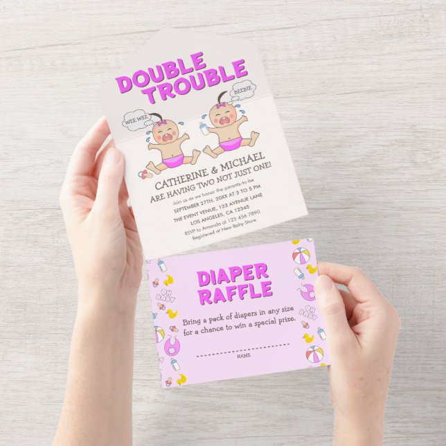 Chá de fraldas Duplo Trouble Twin Girls (Aba destacável)