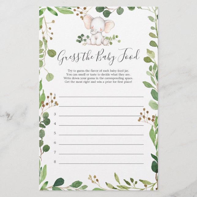 Chá de fraldas Elefante Adivinha A Comida Do Bebê (Frente)