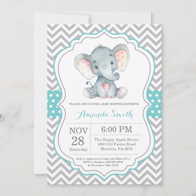 Chá de fraldas Elefante Convite Aqua e Cinzas (Frente)