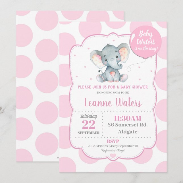 Chá de fraldas Elefante - Rapariga Rosa de Convite (Frente/Verso)