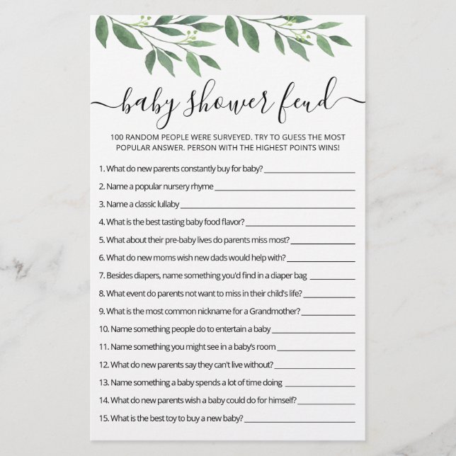 Chá de fraldas Feud game com Respostas (Frente)