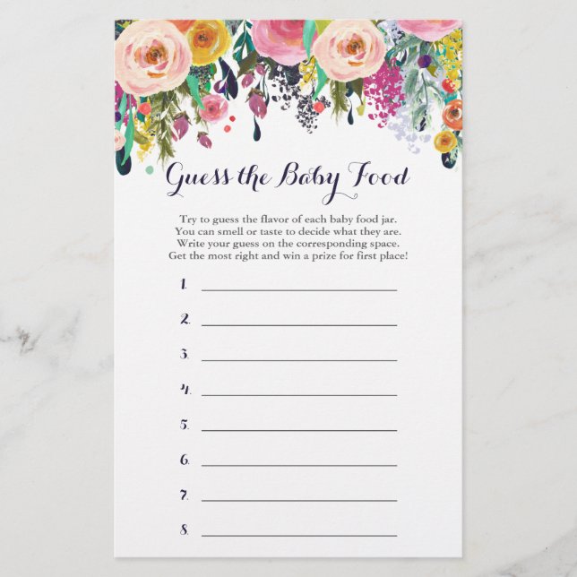 Chá de fraldas Flor adivinha o jogo da Comida do B (Frente)