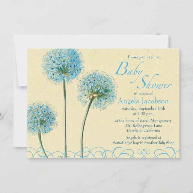 Chá de fraldas Flor Amarelo Azul Convite (Frente)