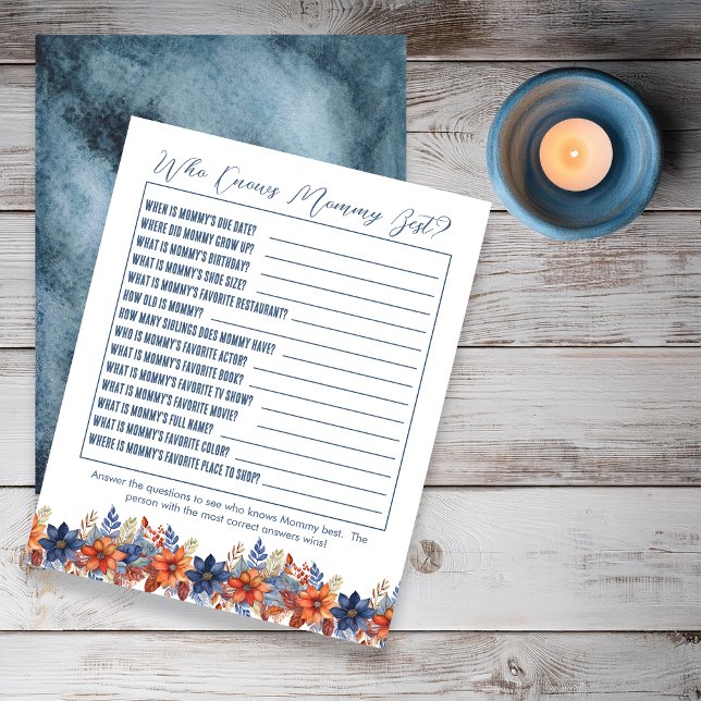 Chá de fraldas Floral Blue Terracotta Que Conhece  (Boho Blue and Terracotta Fall |  Autumn Floral Boy Baby Shower "Who Knows Mommy Best" Game)