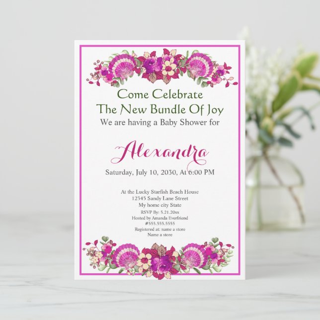 Chá de fraldas Floral Greenery Seashell Rosa Girl (Em pé/Frente)