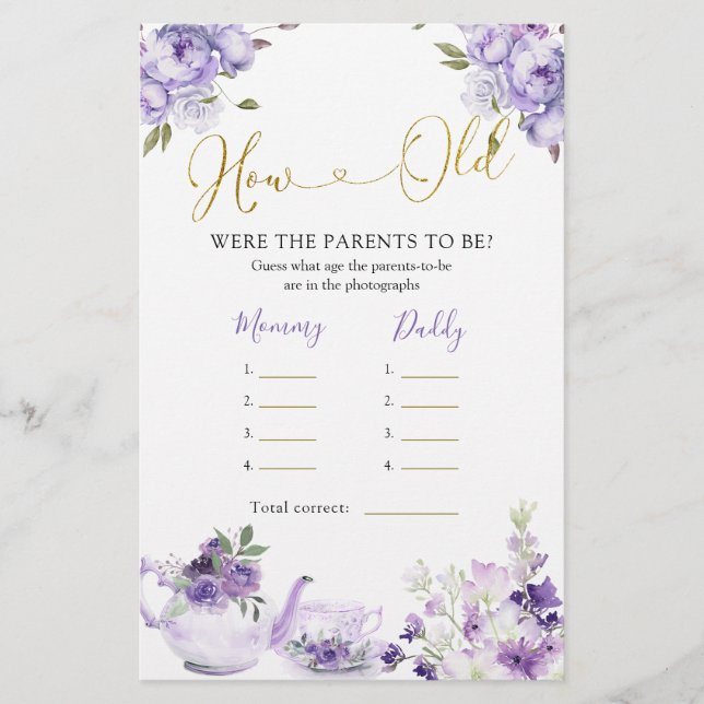 Chá de fraldas Floral Roxo Chá Quão Velhos Pais (Frente)